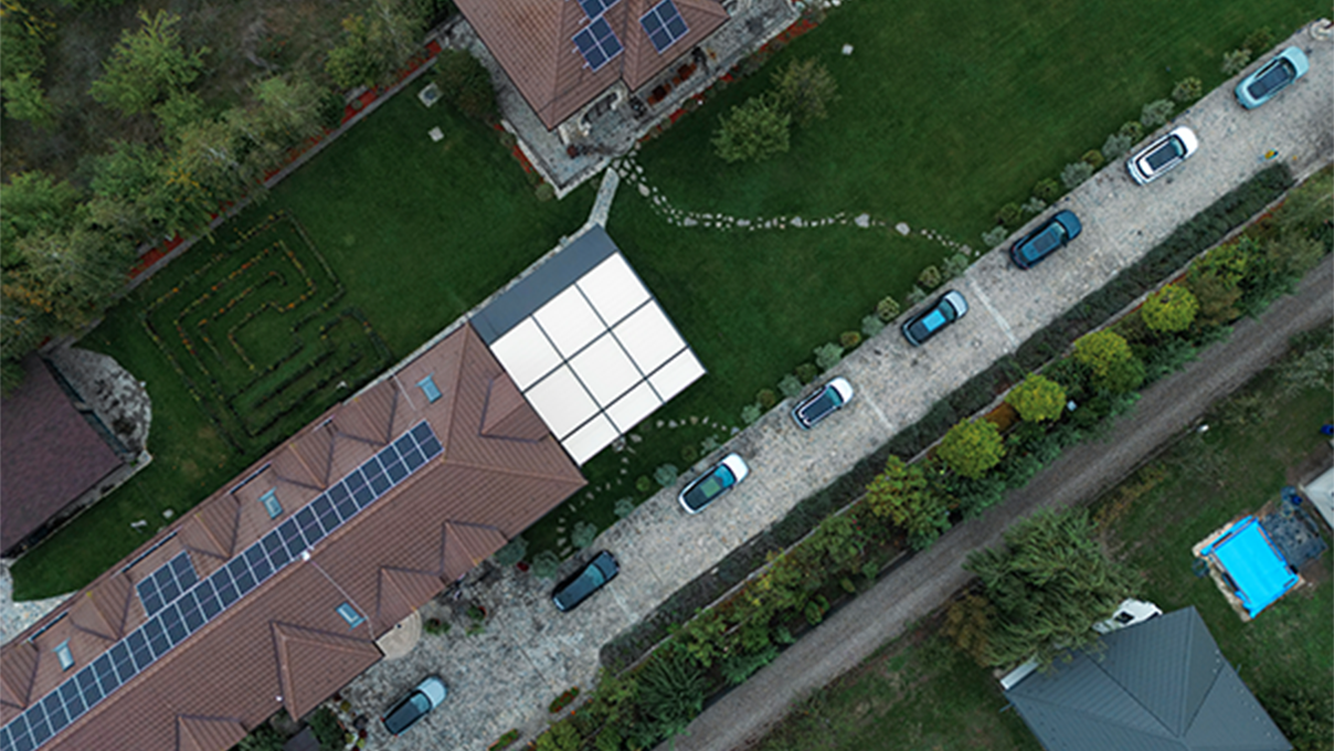 House with photovoltaic system on the roof from above