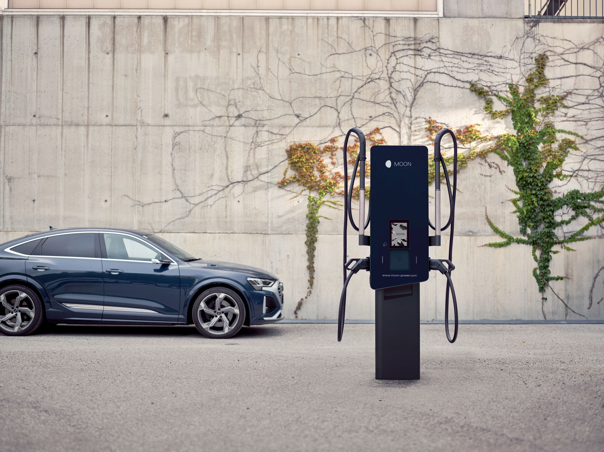 Wallbox and electric car in front of an overgrown wall