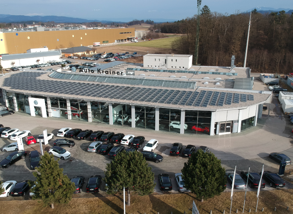 Kreiner car dealership photovoltaic installation on the roof, flight view