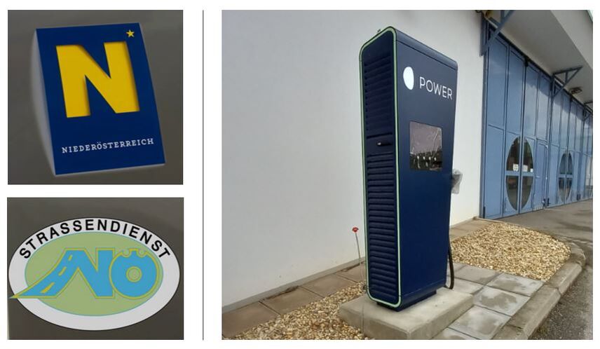 Collage: Lower Austria logo, Strassendienst logo and a picture of a chargign station in-situ
