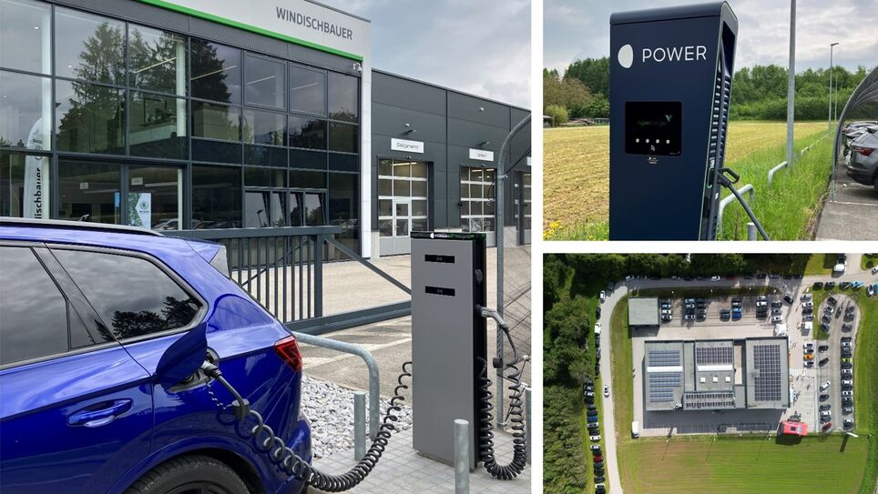 Three pictures collage with charging stations and photovoltaics