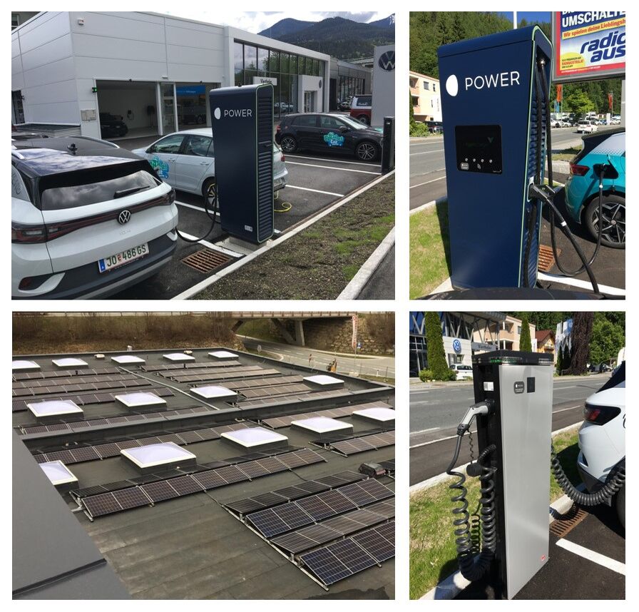 Four pictures of the charging stations and PV system at Autohaus Vierthaler